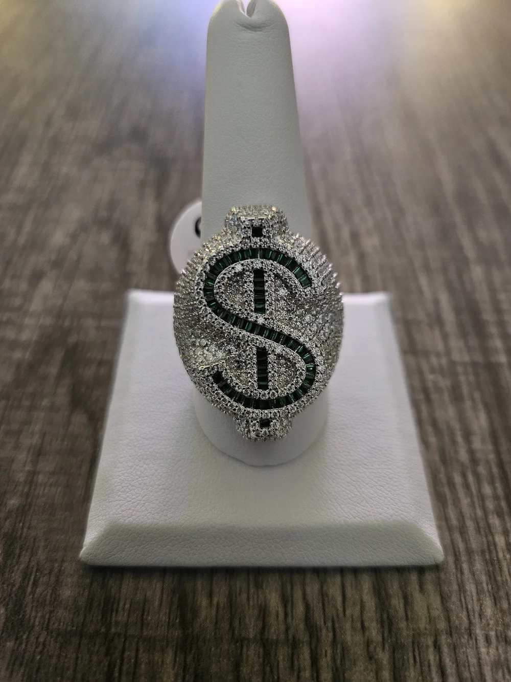 5.18 CTW Moissanite Dollar Sign Ring 925 Sterling Silver Emerald Green Size 11